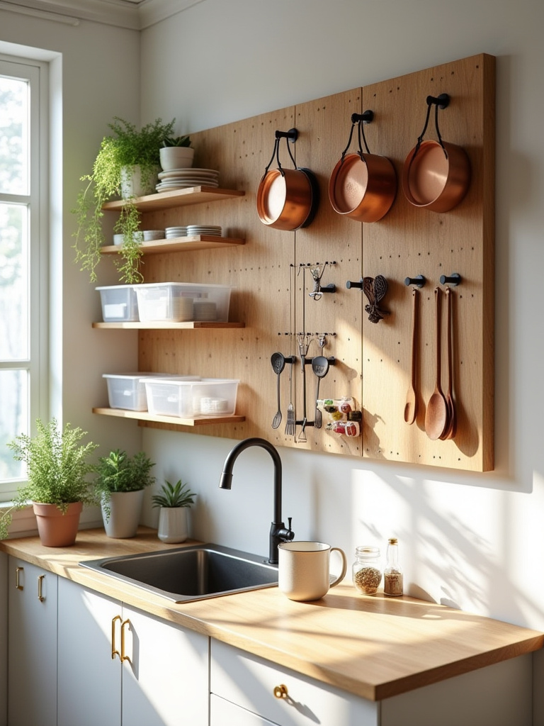 A neatly organized modern small kitchen featuring a wooden pegboard system on a light wall, holding copper pots, wooden utensils, spices, and a small plant, showcasing efficient vertical storage.