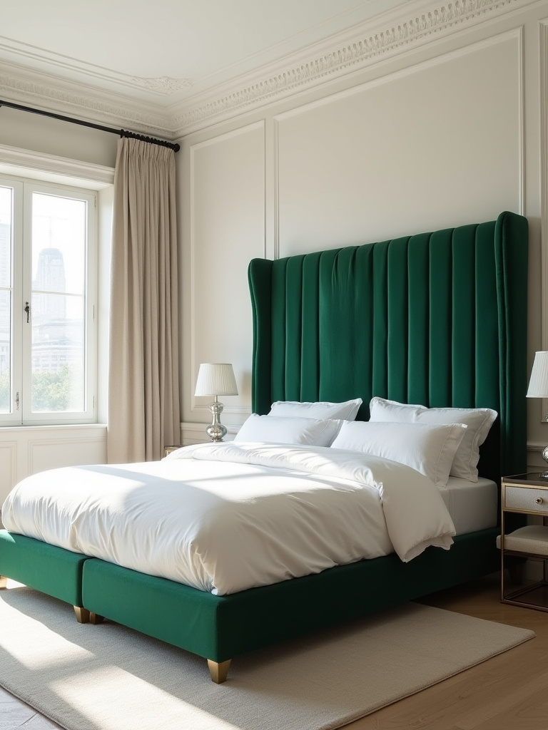 A luxurious bedroom featuring a dramatically oversized emerald green velvet headboard as a central statement furniture piece, surrounded by minimalist decor and soft natural light.
