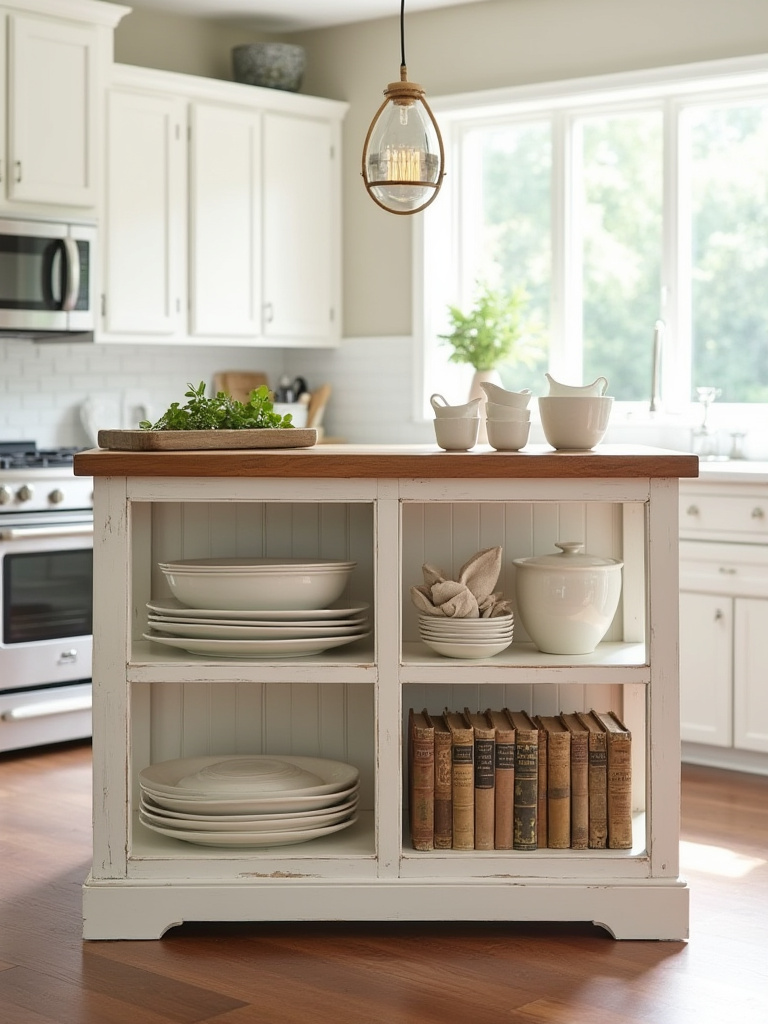 Farmhouse kitchen island with white distressed wood, natural wood countertop, and open shelving filled with ceramic dishes, linen napkins, and vintage cookbooks, highlighting charming display and easy access.