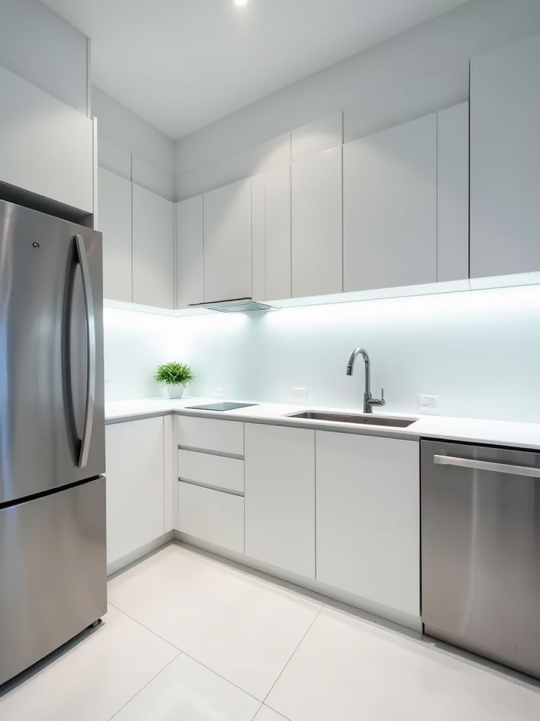 Bright small modern kitchen with layered LED lighting, under-cabinet strips, and recessed lights, making the space feel visually larger and more open.