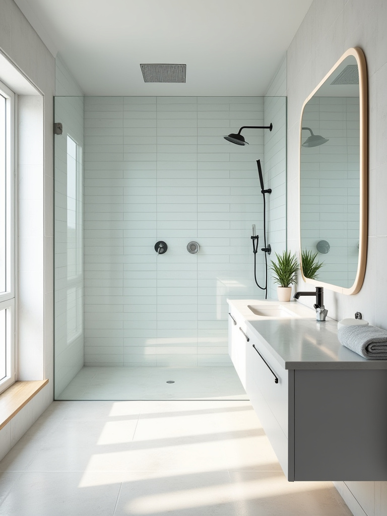 Modern small bathroom with frameless clear glass shower enclosure, floating vanity, and light subway tiles, designed for visual openness and a spacious feel.