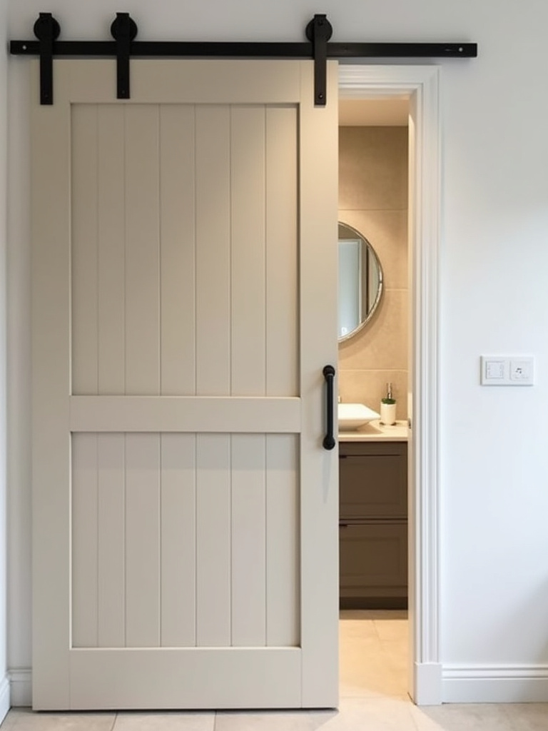 A professional photo showing a light-toned sliding barn door in a small, modern bathroom. The door is open, revealing a compact vanity and mirror, demonstrating space optimization.