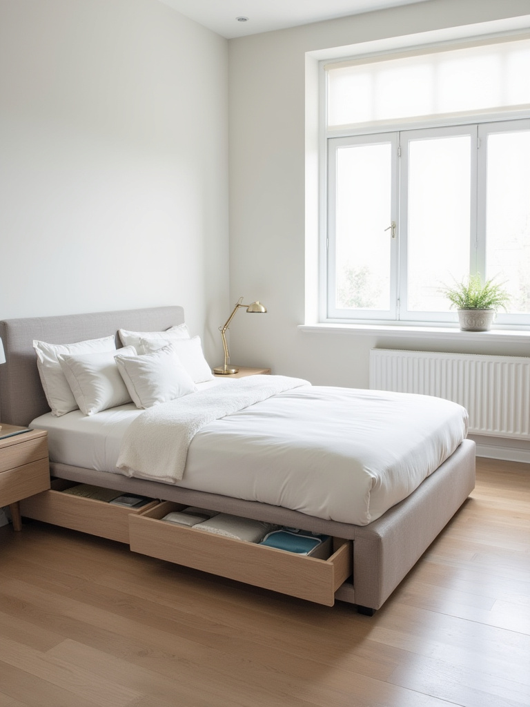 A serene, minimalist bedroom showcasing a bed with integrated hidden drawers and floating nightstands with discreet compartments, demonstrating effective clutter control through smart storage solutions.
