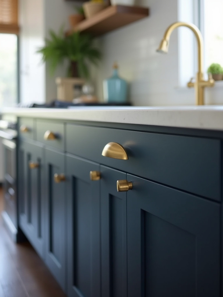 Modern kitchen close-up showing deep navy blue shaker cabinets with brushed brass pull handles, highlighting how hardware finishes complement cabinet color.