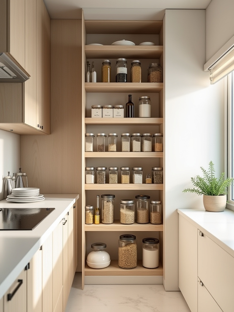 An eye-level view of a sleek, modern pull-out pantry in a small kitchen, fully extended to display an organized collection of spices and kitchen essentials, demonstrating efficient vertical storage.