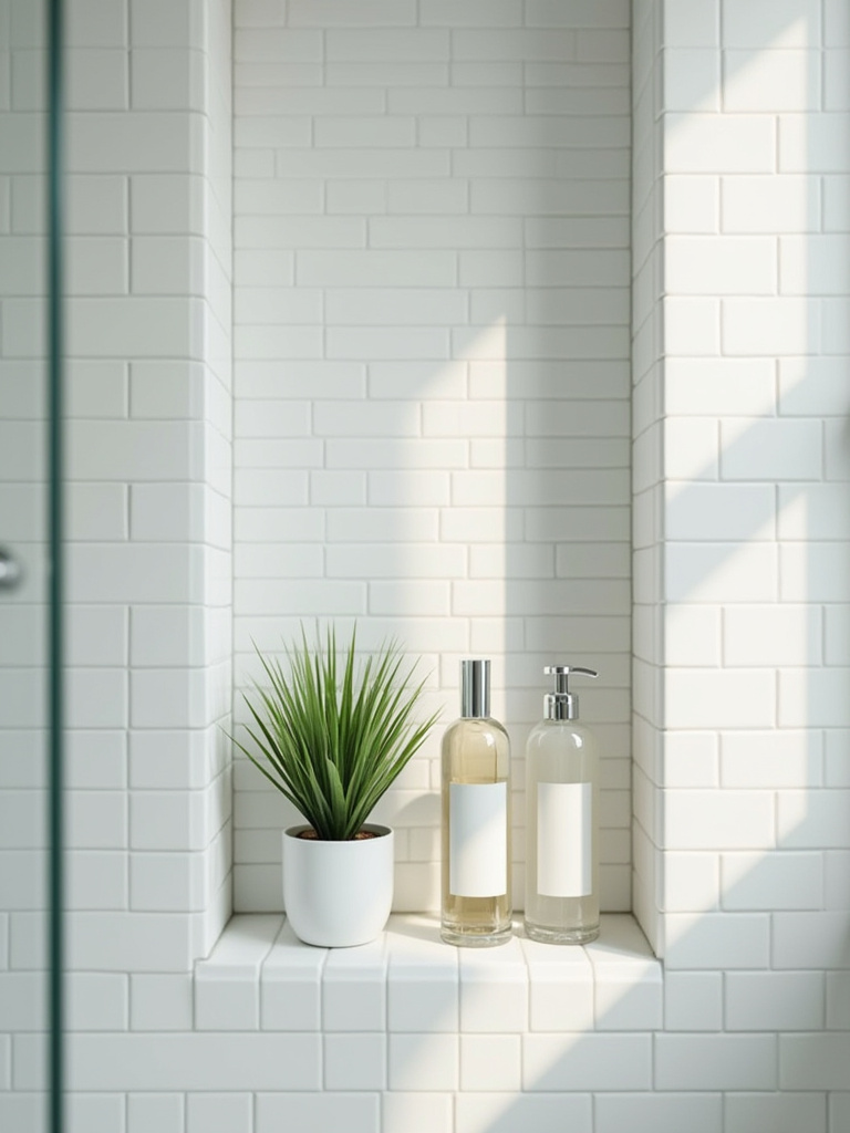 Modern small bathroom with a white subway tiled recessed shower niche elegantly displaying clear glass toiletry bottles and a small green plant, exemplifying hidden storage solutions.