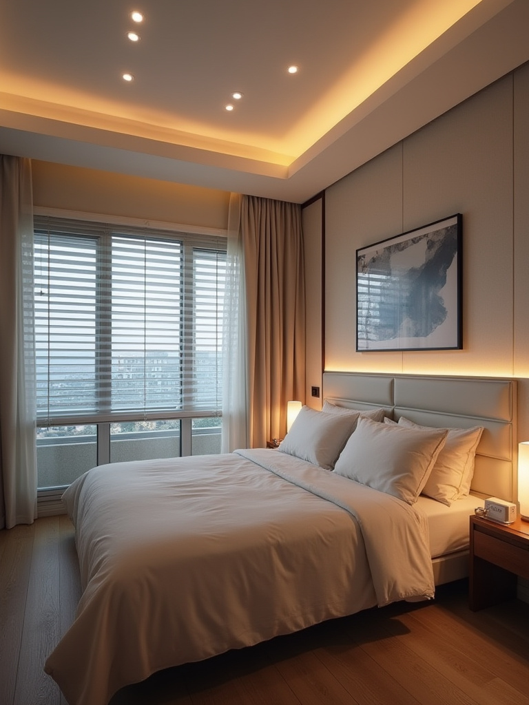 Modern bedroom interior with integrated smart home technology including smart lighting, thermostat, and smart speaker, showcasing effortless comfort and control.