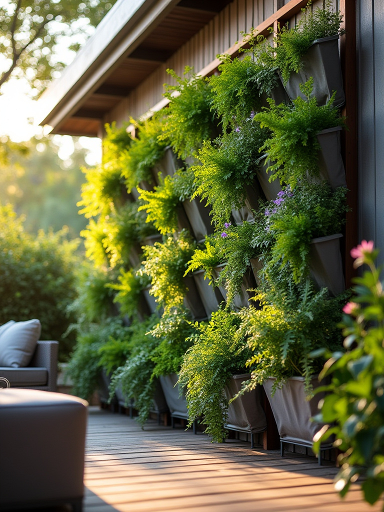 Portrait view of a modern deck with lush vertical gardening elements, including wall-mounted planters overflowing with diverse green plants, creating a serene and space-saving outdoor oasis.