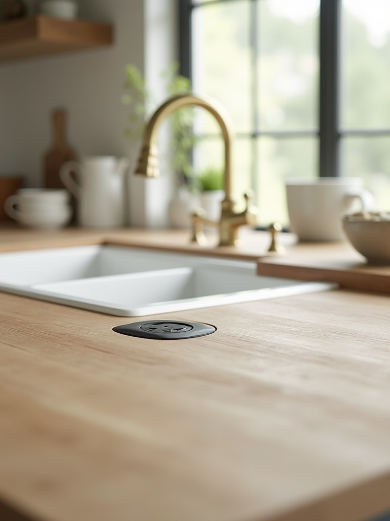 Close-up of a farmhouse kitchen island countertop featuring a discreet pop-up electrical outlet and a classic prep sink faucet, illustrating integrated electrical and plumbing.