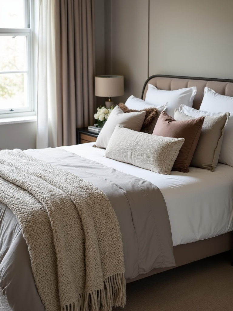 A beautifully styled bed in a luxurious bedroom with layered textiles including velvet, knit, and faux fur for depth and comfort.