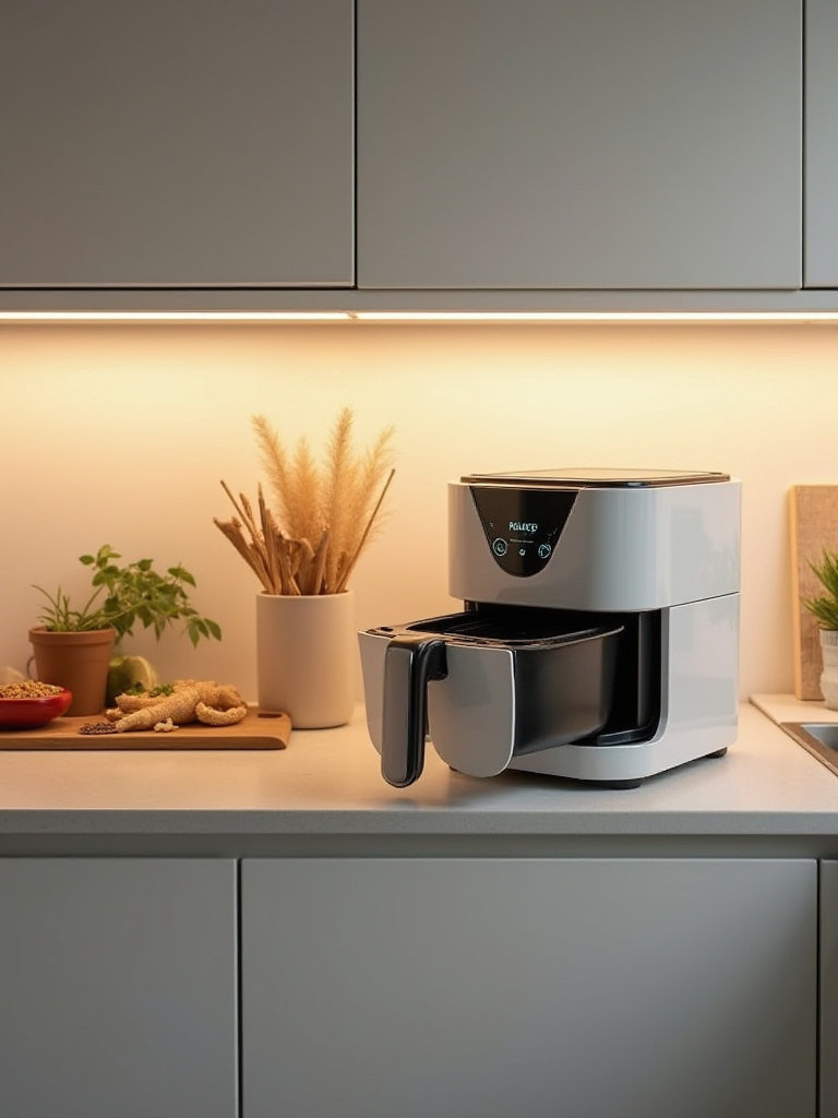 Modern small kitchen countertop featuring a sleek, multi-functional smart small appliance like an air fryer toaster oven combo, demonstrating efficient space utilization and streamlined cooking.