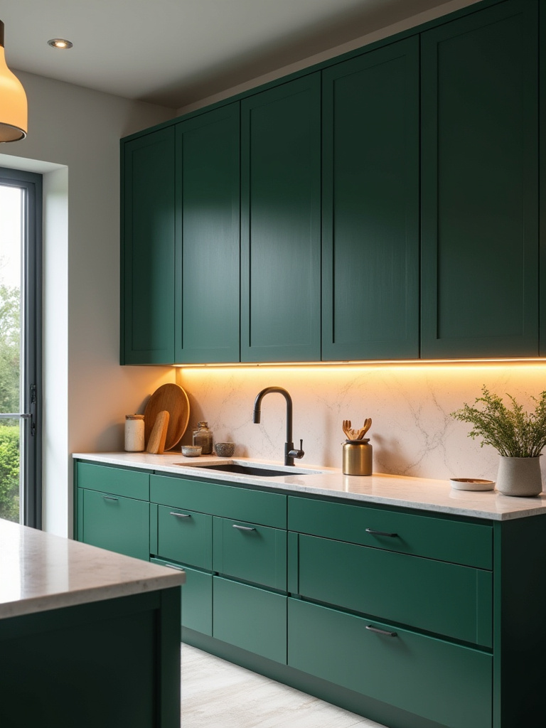 Portrait view of a contemporary kitchen with deep forest green shaker cabinets, under-cabinet LED lighting accentuating the rich green hue and casting a warm glow on quartz countertops, highlighting cabinet texture.