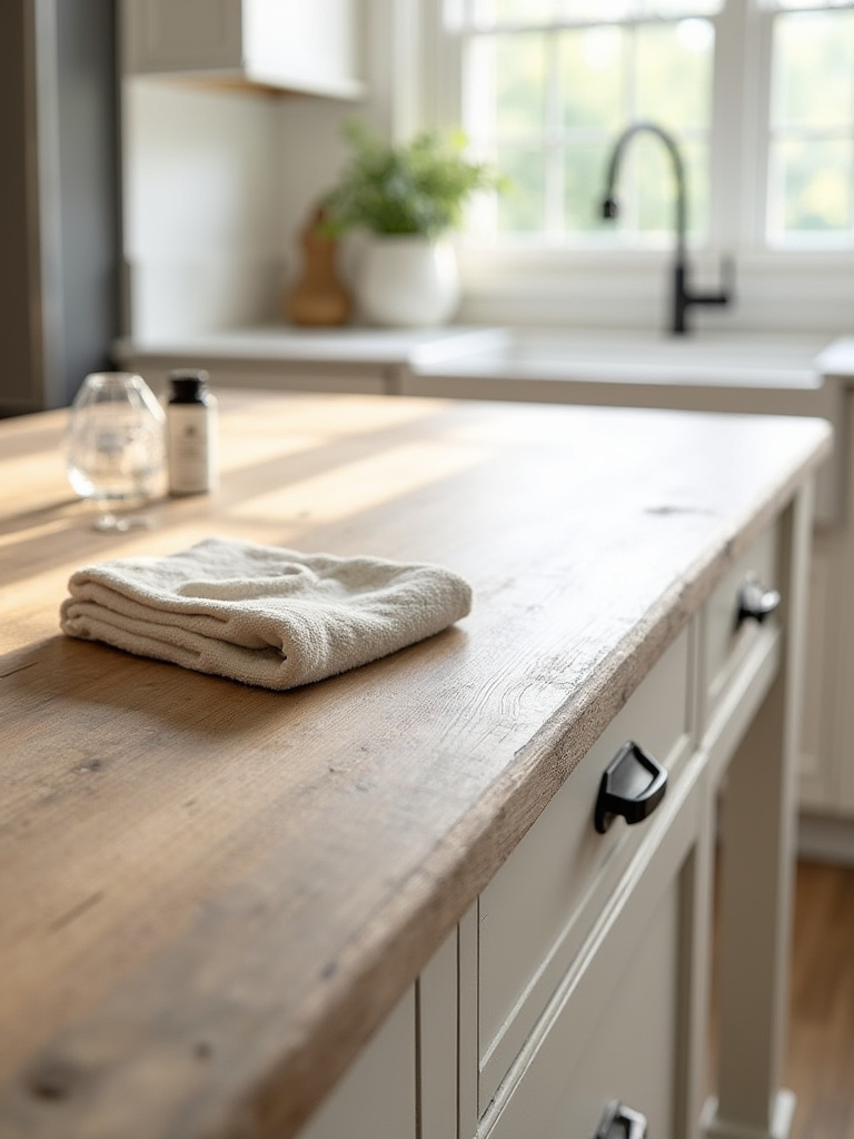 A farmhouse kitchen island surface being cleaned with a soft cloth and wood cleaner, showcasing a well-maintained painted or stained finish under natural light.