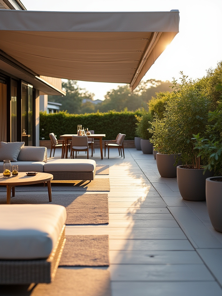 Portrait view of a beautifully zoned outdoor deck featuring distinct areas for dining with a table and chairs, a lounge area with an L-shaped sofa and coffee table, and an implied entertainment space, subtly separated by outdoor rugs and potted plants, enhancing deck decor and functionality.