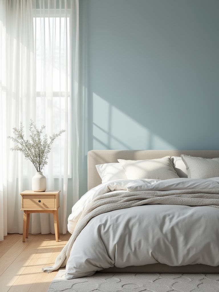 Bedroom with cohesive color palette of soft blue walls and white bedding, creating a tranquil and harmonious space for relaxation.
