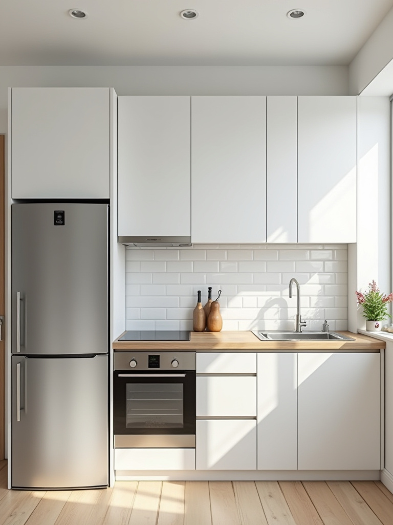 Modern small L-shaped kitchen showcasing compact refrigerator, stove, and sink arranged in an efficient work triangle with white cabinets and light wood countertops.