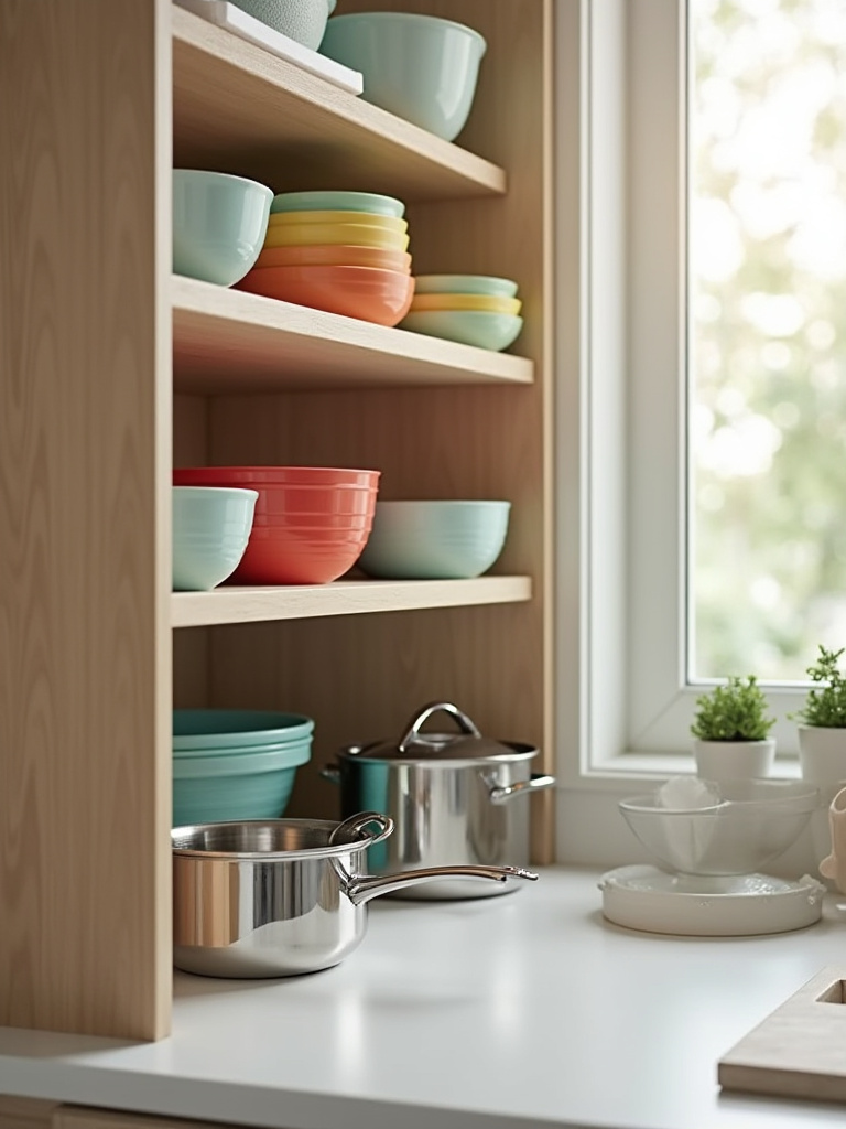 An open white kitchen corner cabinet revealing a multi-tiered D-shaped Lazy Susan rotating system, neatly organized with pots, pans, and kitchen tools, demonstrating efficient corner storage maximization.