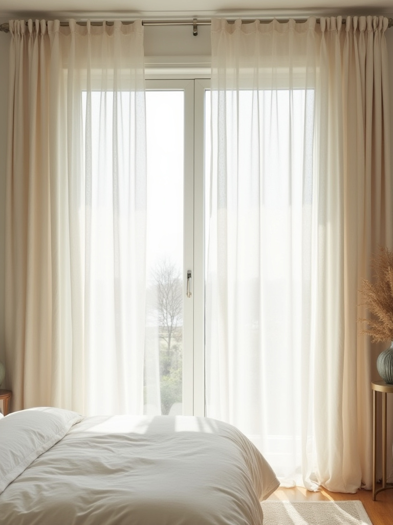 Bedroom window with floor-to-ceiling sheer white linen curtains expertly framing and maximizing natural light, creating an airy and bright interior.
