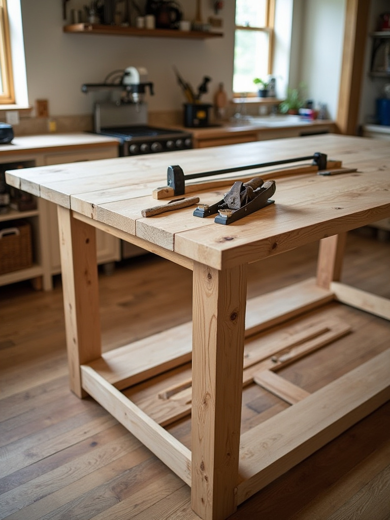 Close-up of a farmhouse kitchen island's sturdy wooden frame, contrasting professional power tools with hand tools, illustrating the DIY vs. professional installation decision for structural integrity.