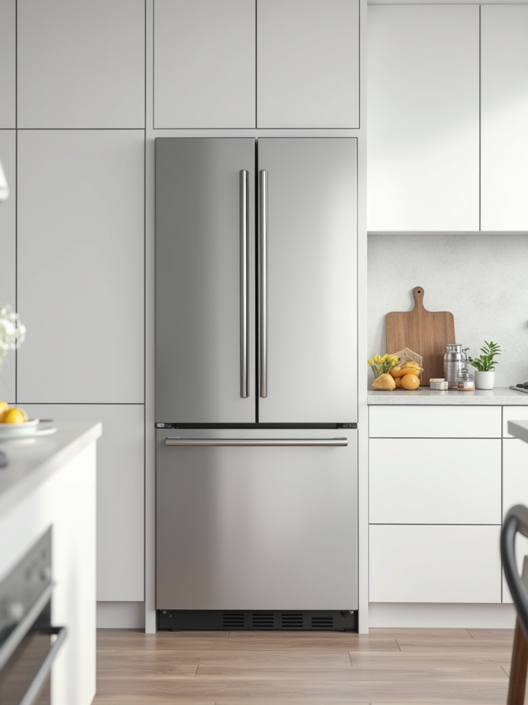 A modern small kitchen featuring a counter-depth stainless steel refrigerator and integrated dishwasher flush with white cabinetry, showcasing a seamless, spacious design.