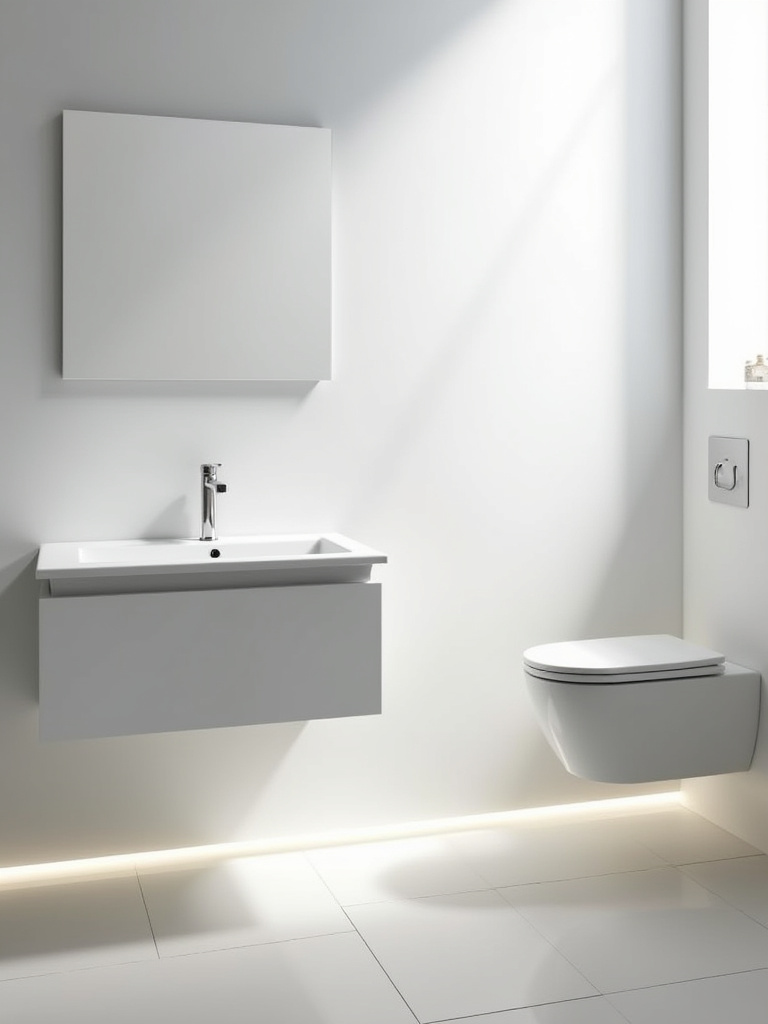 Modern small bathroom featuring a white wall-mounted floating vanity with integrated sink and a sleek wall-hung toilet, emphasizing freed-up floor space and minimalist design, illuminated by soft natural light and subtle under-vanity LED lighting.