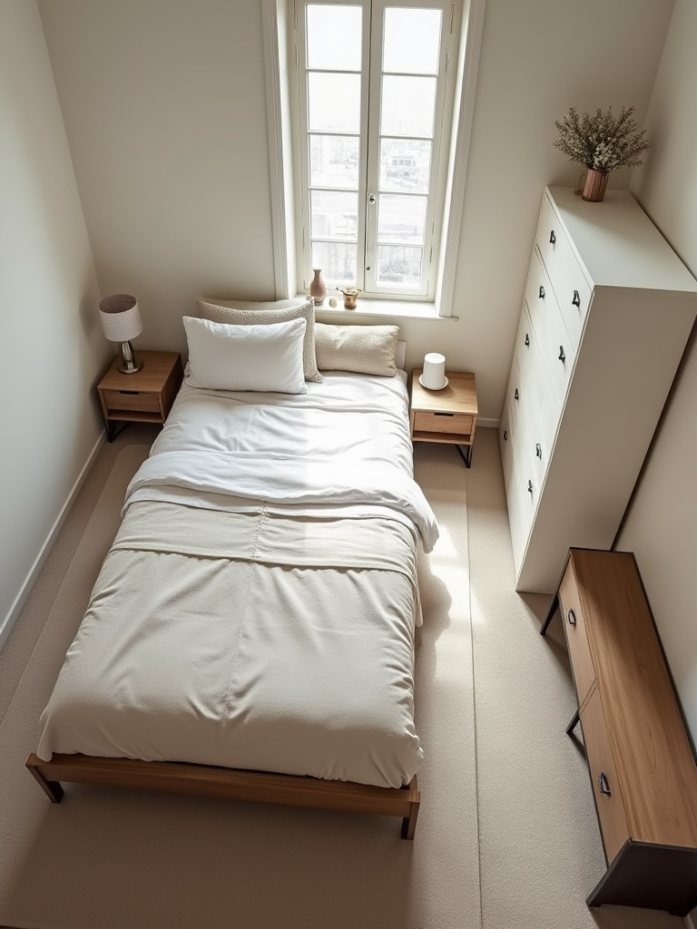 Serene bedroom with optimized furniture placement, showing clear pathways, a focal bed, and balanced functional zones for improved flow.