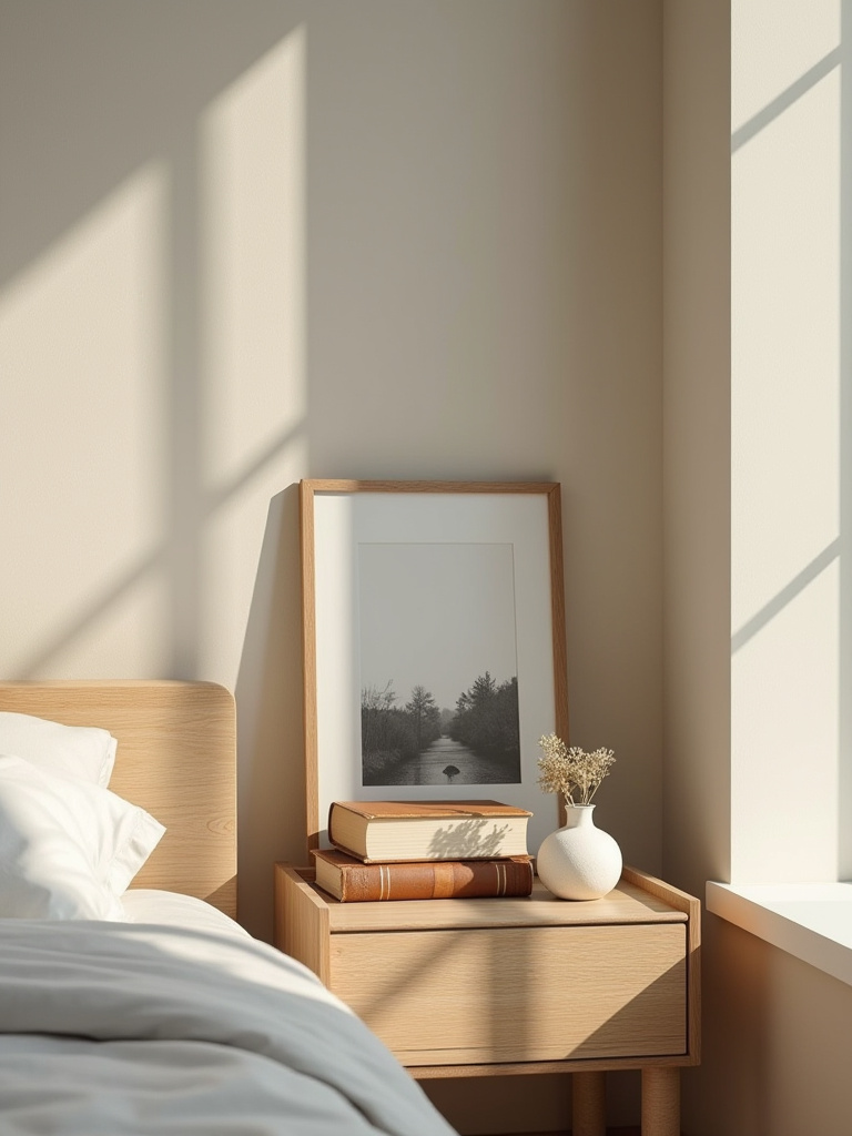 Bedroom interior featuring a bedside table styled with curated decor accents: a ceramic vase, antique books, and a framed vintage photograph. Personalized bedroom decor.