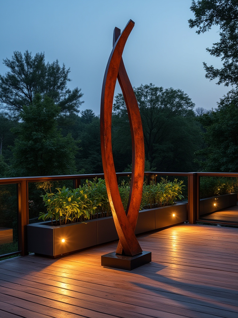 A modern wooden deck featuring a tall, abstract corten steel sculpture, illuminated by subtle uplighting, surrounded by potted greenery.