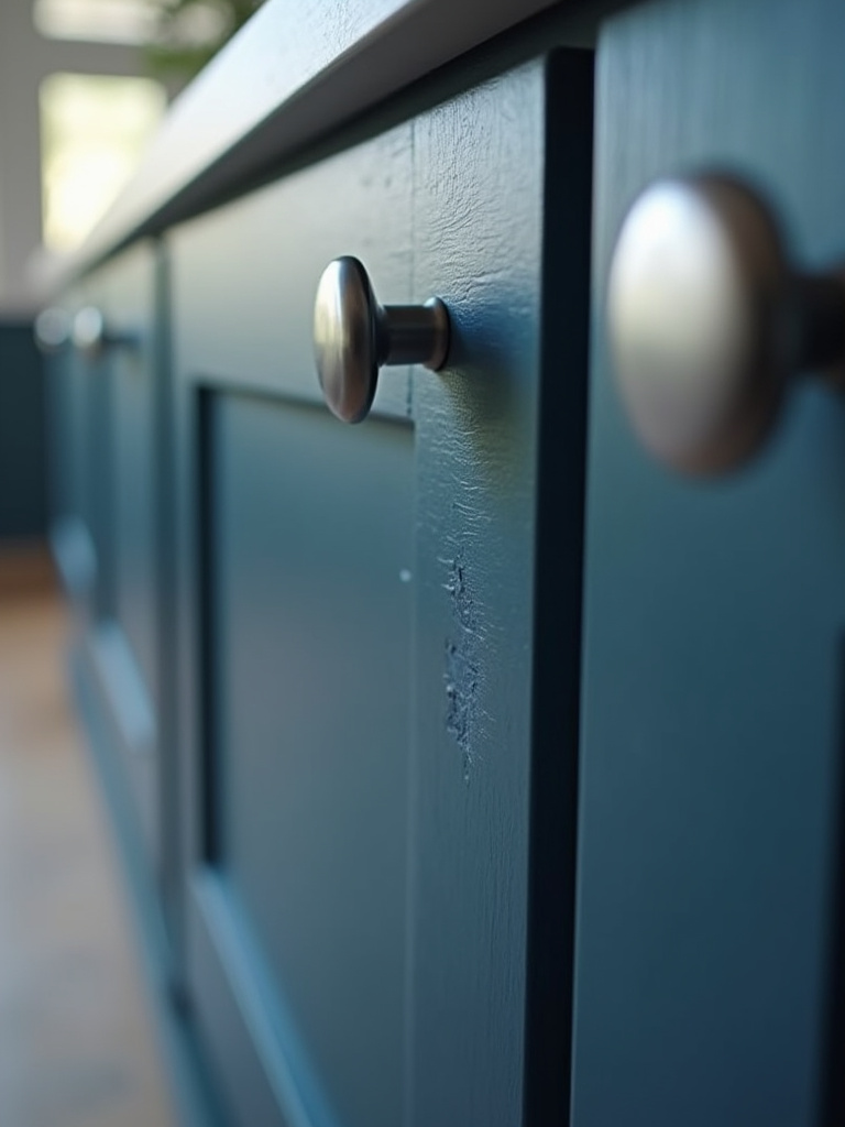 Close-up of a navy blue kitchen cabinet showing a perfectly blended touch-up repair with an artist's brush resting nearby.