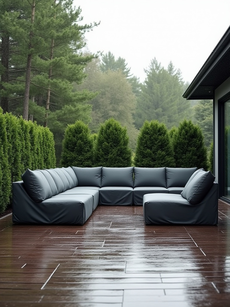 Outdoor patio furniture on a modern deck, neatly covered with dark grey protective covers, showcasing readiness for inclement weather like rain.