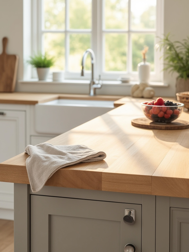 Pristine farmhouse kitchen island with a wood countertop, featuring a microfiber cloth, cutting board, and trivet, representing daily maintenance to prevent wear and tear.