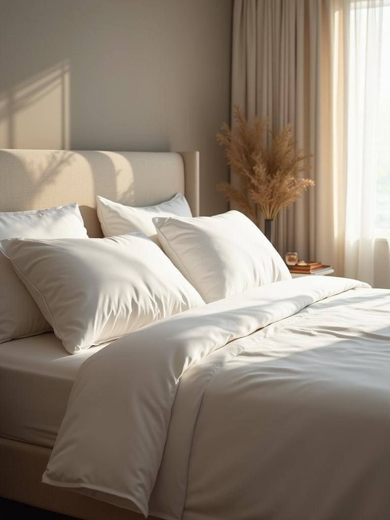 Elegant bedroom with a large, inviting bed featuring a deep, comfortable mattress and luxurious white bedding, suggesting comfort and tranquility.