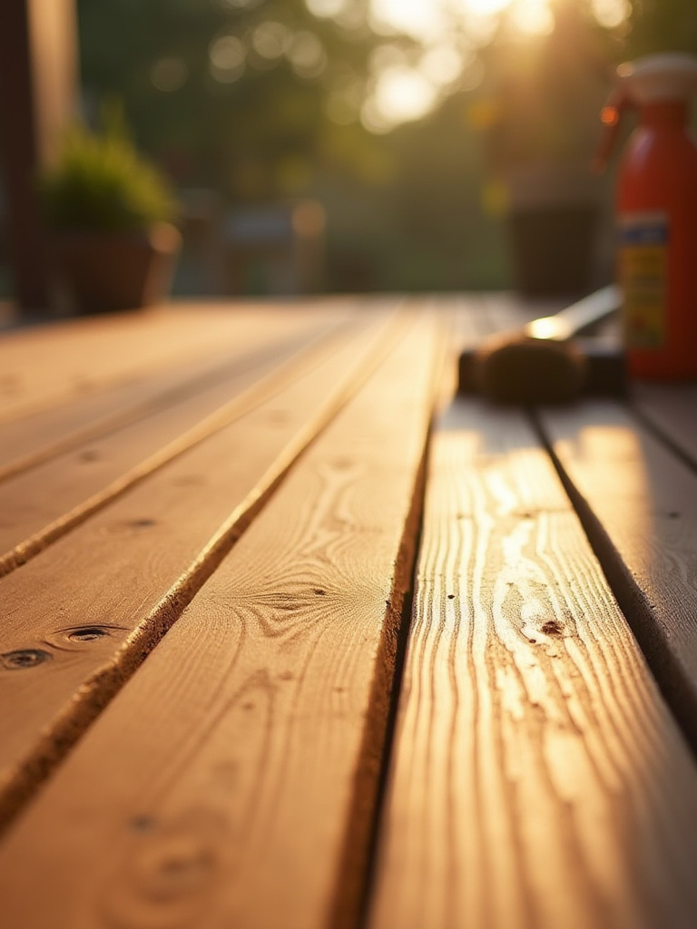 A sunlit, freshly cleaned and sealed wooden deck showing rich wood tones and a healthy sheen, with hints of maintenance tools in the soft background.