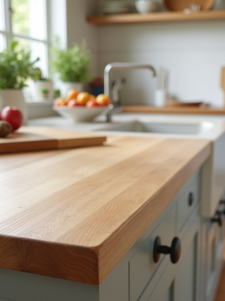 A pristine farmhouse kitchen island with a well-maintained butcher block countertop, suggesting effective kitchen countertop maintenance through regular care.