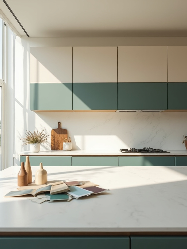 Modern kitchen design with paint swatches and material samples on an island, symbolizing the process of re-evaluating kitchen color schemes and evolving trends.