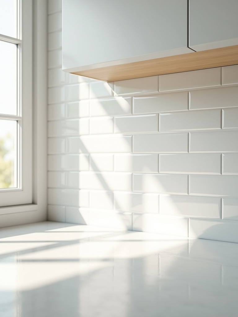 Small kitchen with glossy white subway tile backsplash reflecting ample natural light, enhancing brightness and the perception of increased space.