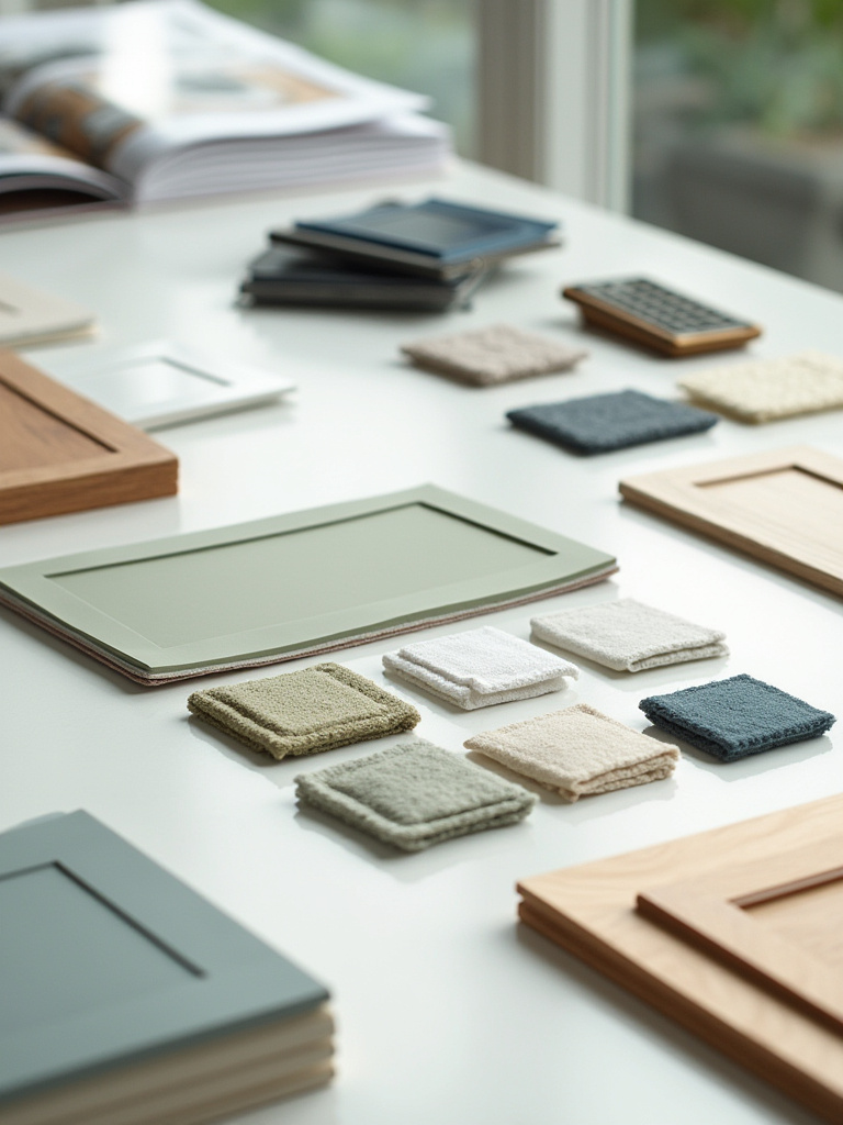 Overhead view of various kitchen cabinet color swatches and material samples on a design table, representing trending and timeless kitchen cabinet ideas.