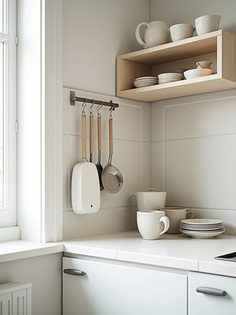 Organized small kitchen with minimal items on a clean countertop, showcasing the benefits of regular decluttering sessions.