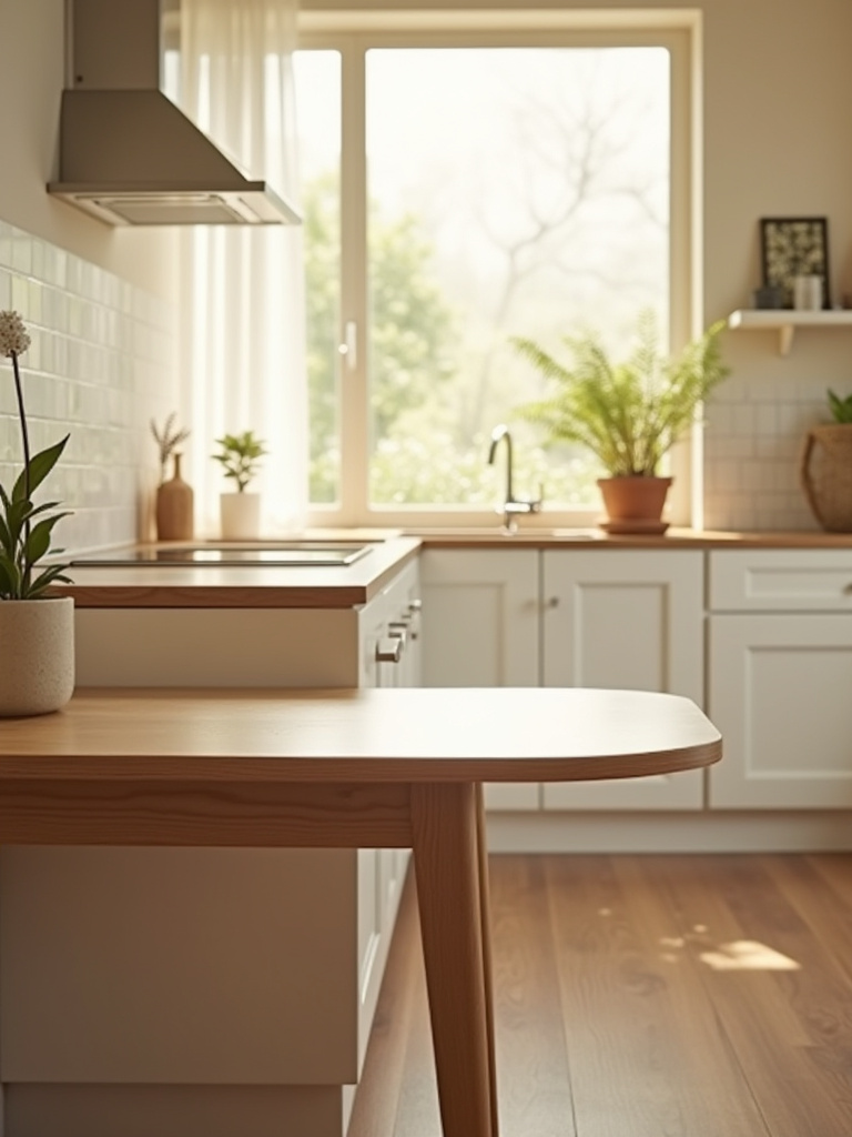 A modern drop-leaf kitchen table extended for dining, situated in a bright, compact kitchen, showcasing space-saving furniture design.