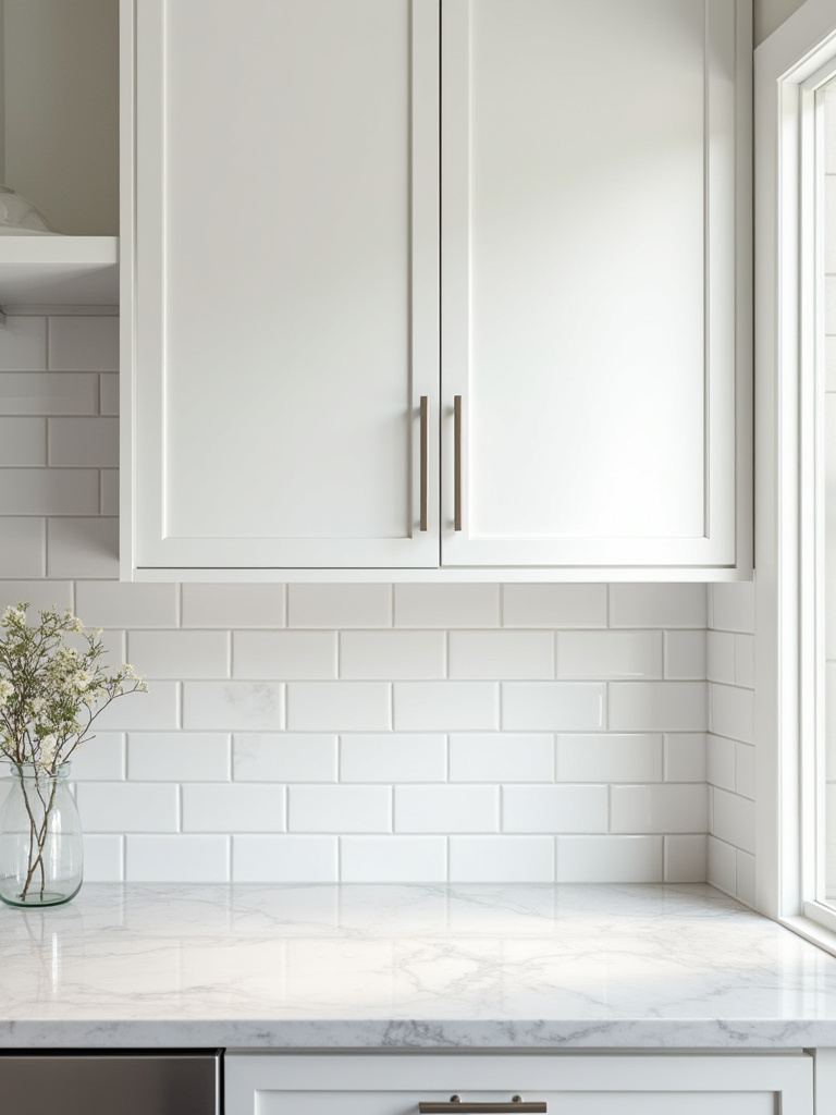 A modern kitchen featuring harmonious white shaker cabinets, light grey quartz countertops, and a glossy white subway tile backsplash, illustrating perfectly matched kitchen countertop and backsplash color schemes.