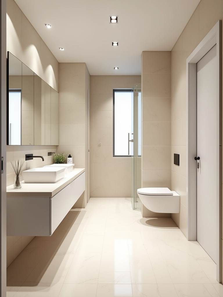 A bright, modern small bathroom featuring seamless large-format light beige tiles on walls and floor, reflecting natural light to enhance visual spaciousness.