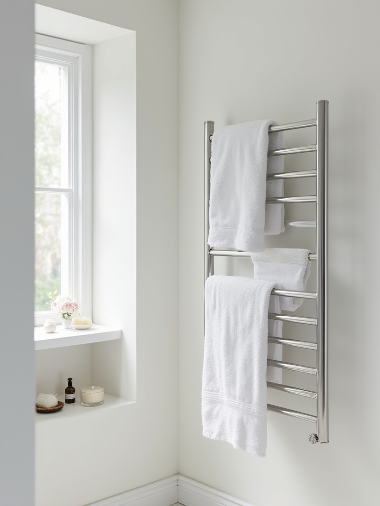 A sleek wall-mounted heated towel rack in a small modern bathroom with minimalist accessories in a recessed niche, showcasing space-saving storage.