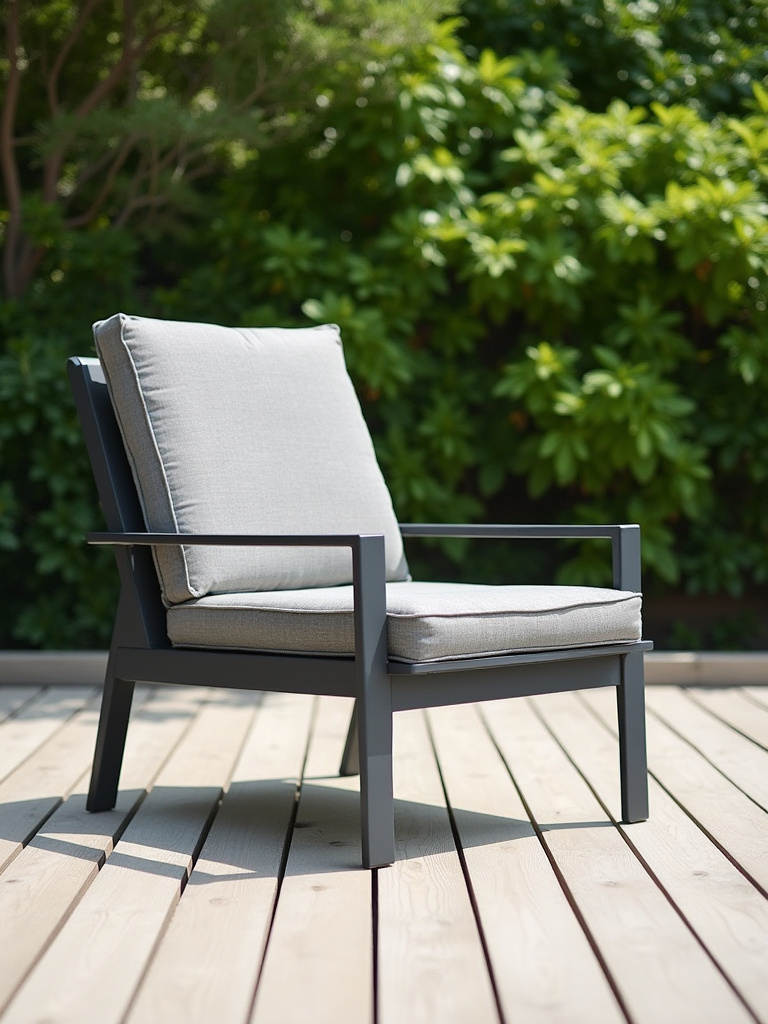 Modern dark gray aluminum and light gray fabric weather-resistant patio lounge chair on a wooden deck surrounded by green plants, representing lasting outdoor comfort.