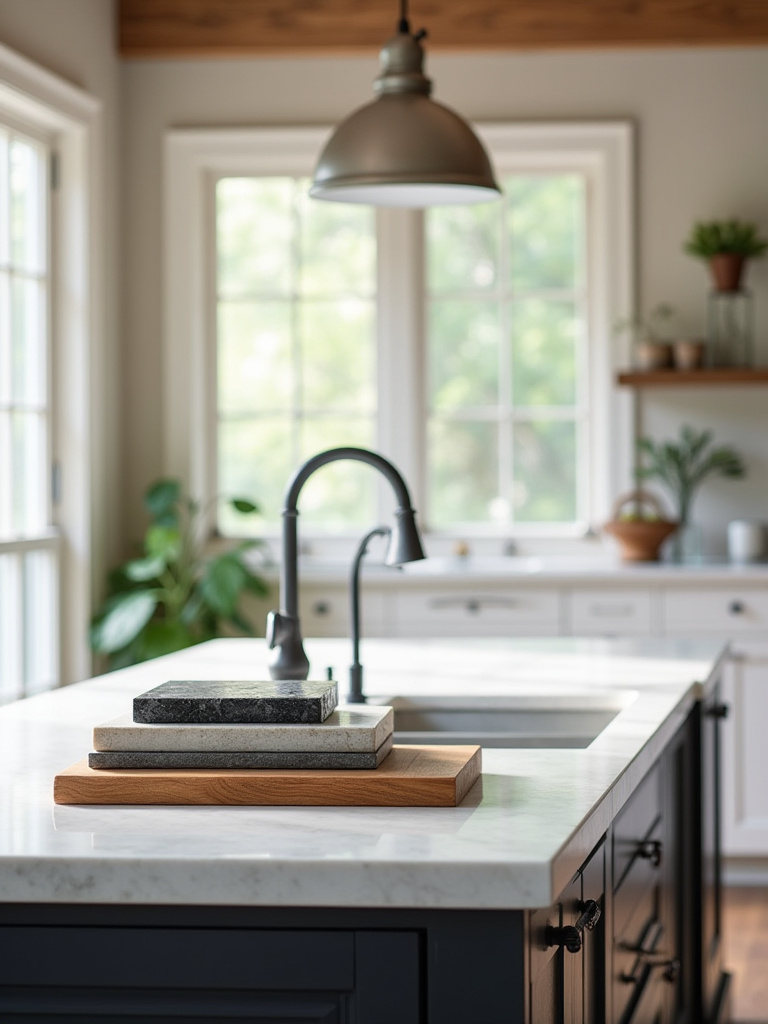 Assortment of farmhouse kitchen island countertop material samples (quartz, butcher block, soapstone, granite) arranged on an island, demonstrating aesthetic appeal and durability.
