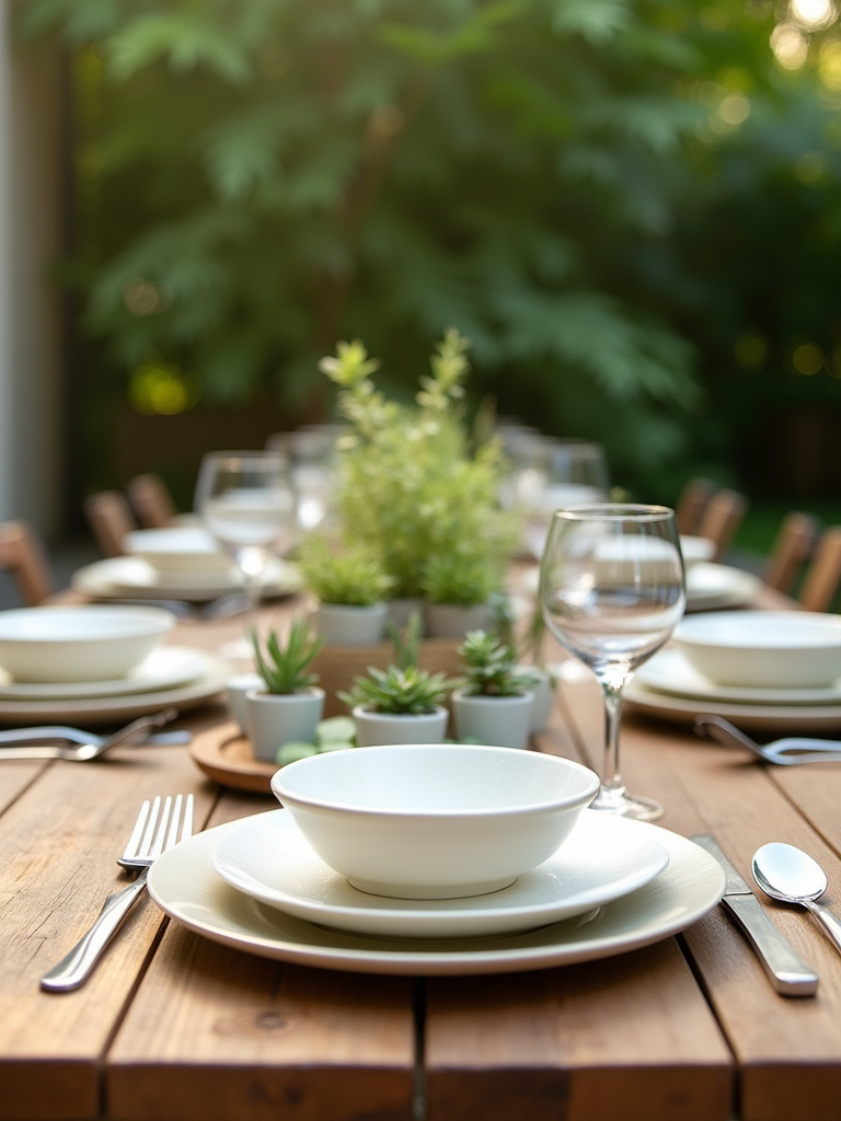 Outdoor dining table set with elegant durable dinnerware, including plates, cutlery, and glasses, on a wooden deck with a garden backdrop in soft afternoon light.