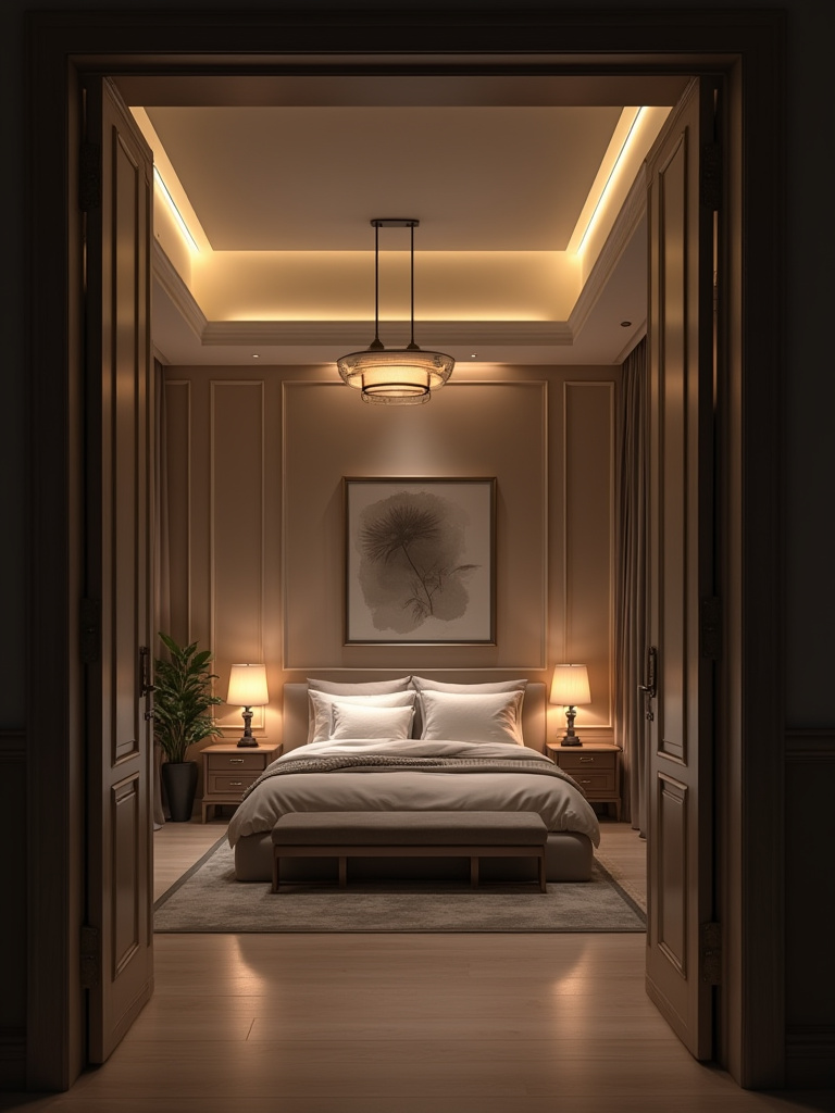 Bedroom showcasing warm, layered lighting with a ceiling pendant, bedside lamps, concealed cove lighting, and a picture light to create ambiance and practicality.