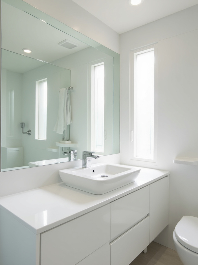 Elegant small bathroom with a large frameless mirror reflecting bright natural light, making the room appear spacious. Example of strategic mirror placement in a small bathroom remodel.