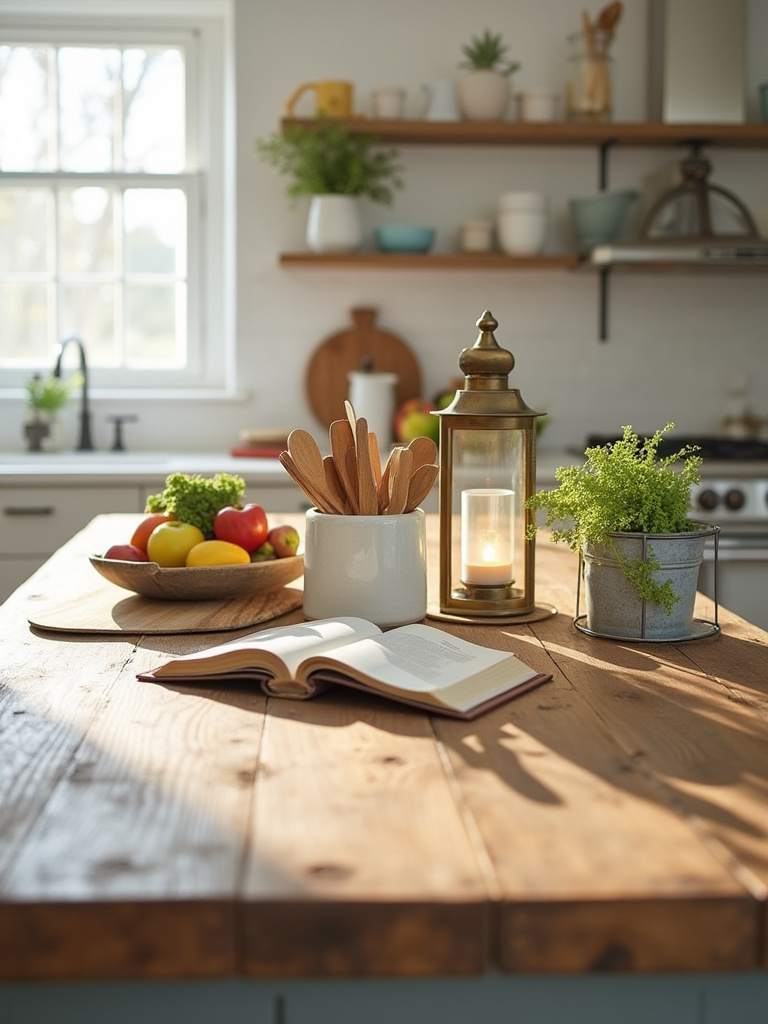 Farmhouse kitchen island styled with rustic decor including a wooden tray, vintage lantern, ceramic crock with utensils, tiered fruit bowl, and herb planter, showcasing functional and charming accessories.