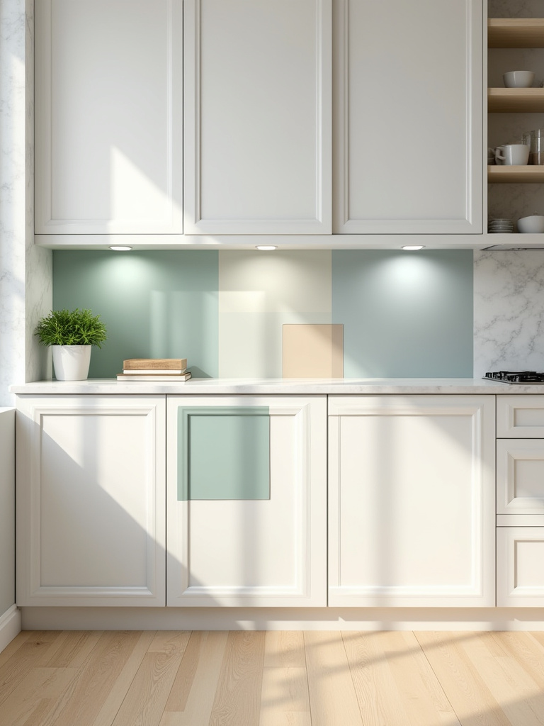 Kitchen cabinets with large peel-and-stick paint swatches in varying shades of grey, green, and blue-grey, illuminated by both natural sunlight and cool artificial light, demonstrating accurate color testing.