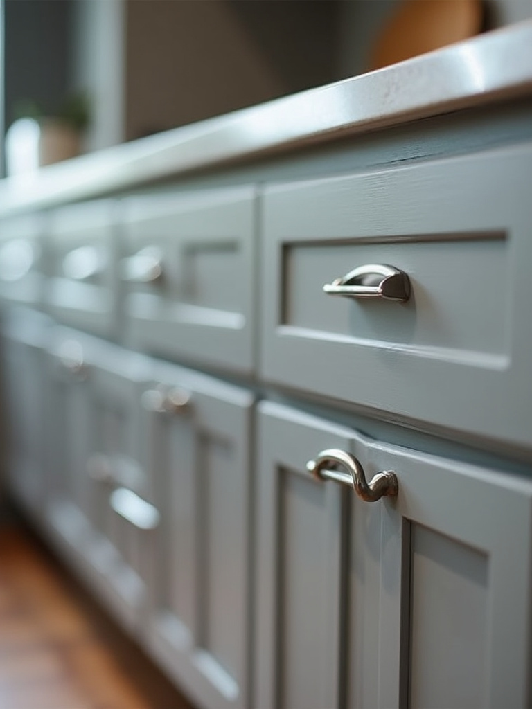 Close-up of perfectly smooth, muted gray kitchen cabinets with no visible chips or scratches, highlighting the durable, chip-resistant paint finish around sleek silver handles in a brightly lit kitchen.